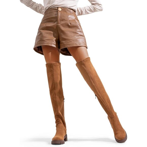 Women's Platform Boots-990-camel Over The Knee Thigh High Round Toe Long Boot - Picture 6 of 8